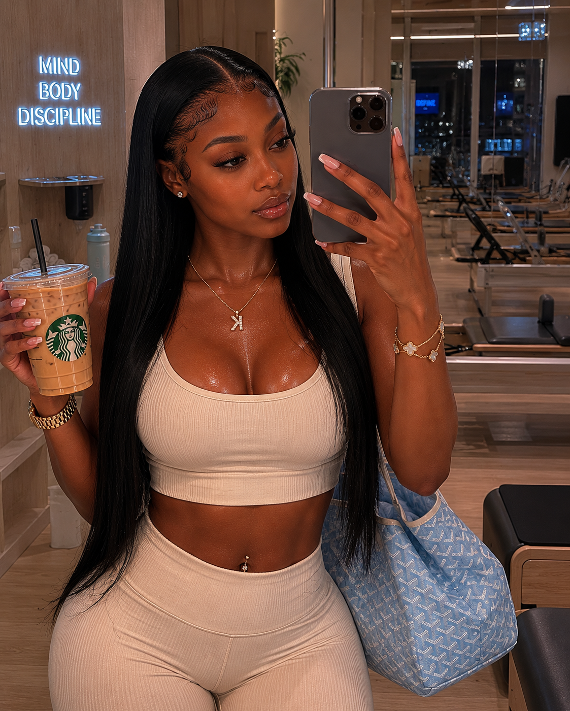 Gym mirror lifestyle inspiration for an AI influencer brand